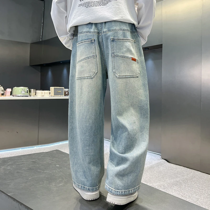 

Children's Retro Wide Leg Jeans Loose Straight Pants Stylish Denim Trousers with Pockets for Boys Spring Autumn 2026 New Kid's F
