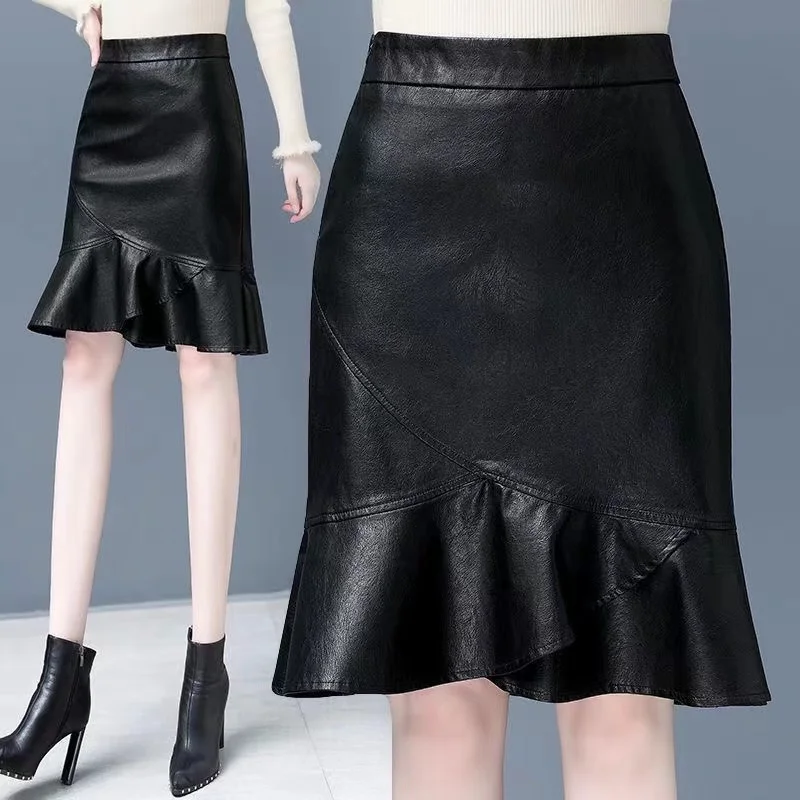 

Winter Fall Women High Waisted Black Pu Leather Trumpet Skirt , Woman Slim Office Lady Mermaid Ruffled Skirts , Clearance Sale