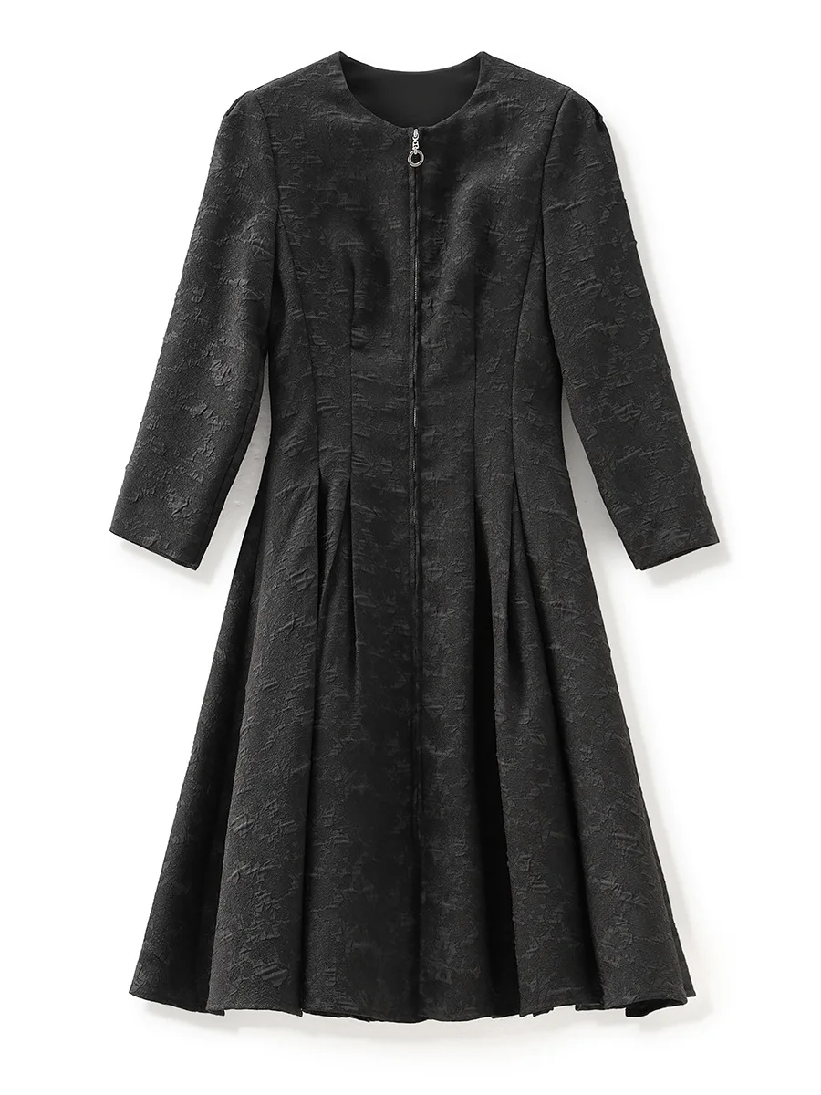 ZJYT Elegant Autumn Long Sleeve Black Jacquard Dresses for Women 2024 New Vintage Casual Short Dress Vestido Femininos