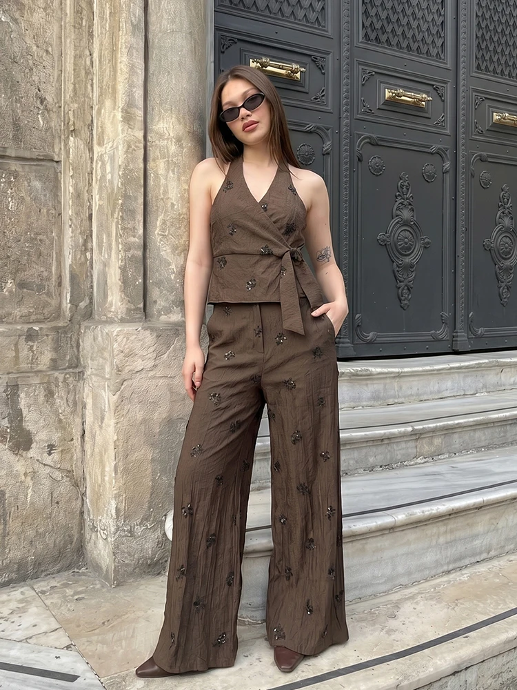 HH Vintage Brown 2 Piece Set for Women, Summer Halter Wrap Top + Wide Leg Pants with Sequin Floral Sexy Elegant Vacation Outfits