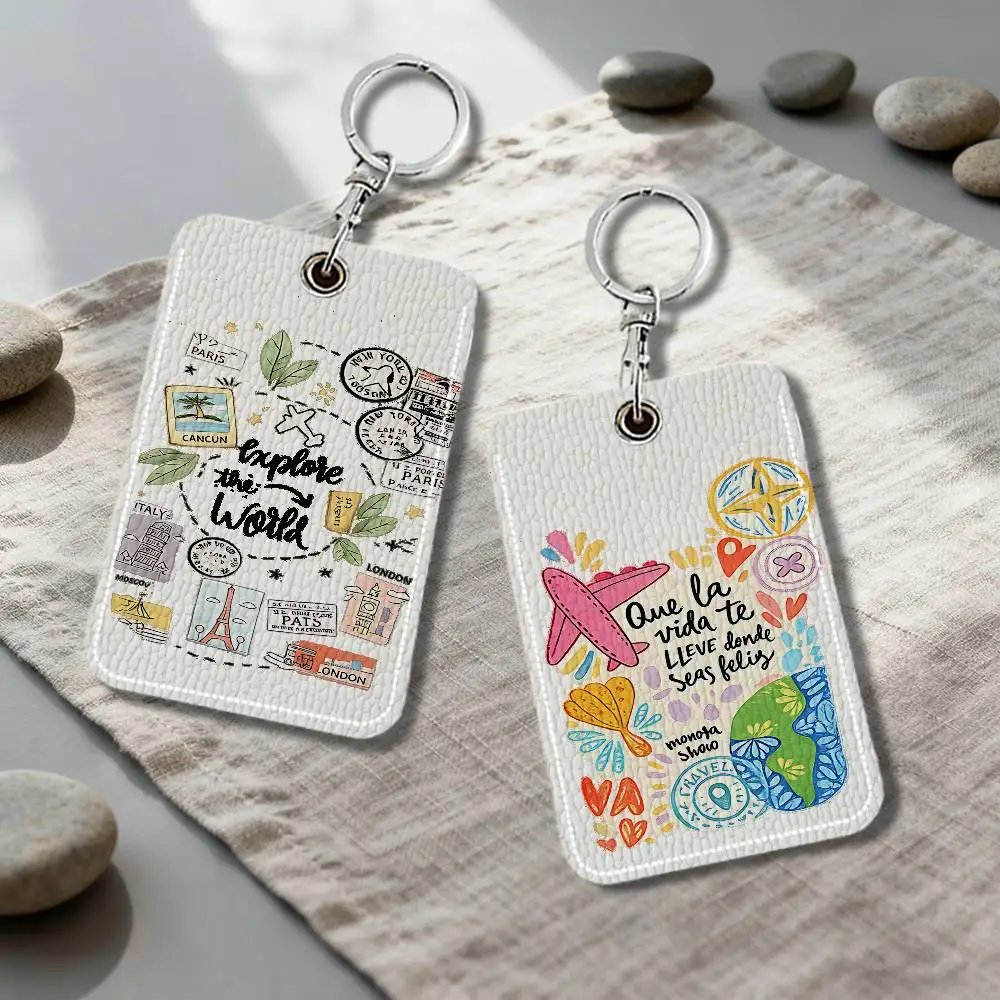 Graffiti Travel Airplane PU Soft Leather Rectangular Keychain Card Holder, Badge Student ID Bus Elevator Card Protector