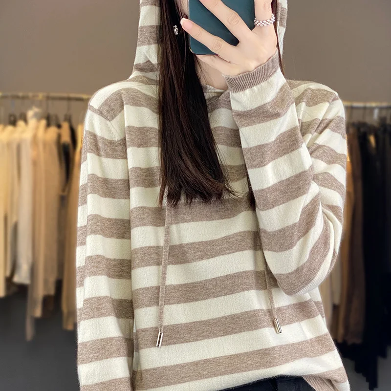 2023 New Striped cashmere hoodie Sweater Women  Knit Tops Hoodies Casual Women Long Sleeves hoodie Pullover