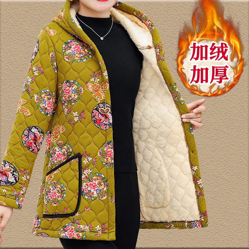 Winter jackets Plus Velvet Mother Clothing Flower Jacket Winter Lady Thick Warm Jacket coat