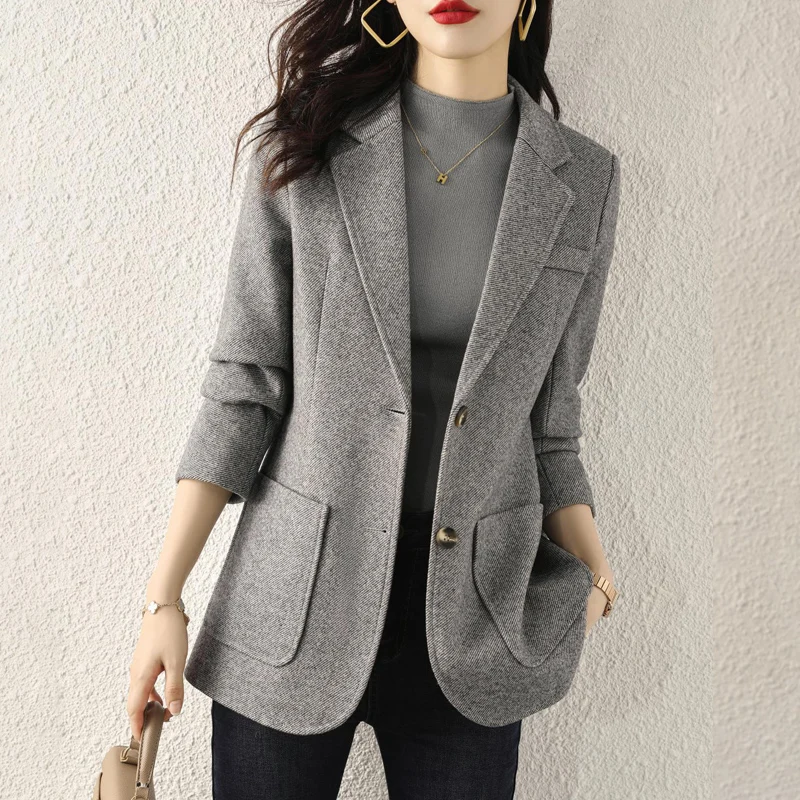 

High-End Gray Wool Blazer for Women, Autumn Winter Thickened Casual Loose Korean Style British Chic Suit Jacket Female Coat Top