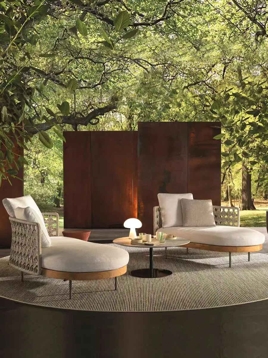 #Modern outdoor rattan teak curved sofa and recliner set with aluminum frame, portable solid wood patio garden furniture