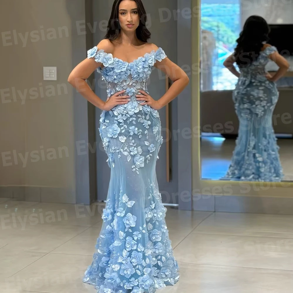 Elegante frauen Meerjungfrau Off Schulter Abendkleider Angepasst Robe De Soirée Prom Kleider Ärmellose Blumen Vestidos Para Mujer