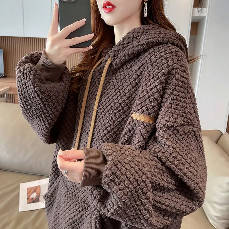 DAYIFUN Lamb Hair Hoodies Women's Autumn Winter Korean Loose Big Pocket Pullover Sweatshirts Cashmere Thickened Versatile Tops