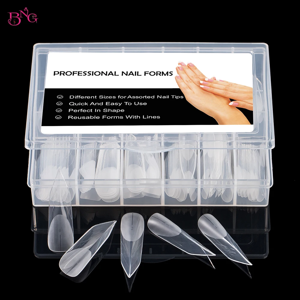 BNG Special Shape Nail Form for Builder Gel Reusable Acrylic Nail Dual Forms with Clips Top Moulds False Nail Tips for Manicure