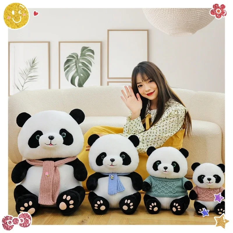 25/35/45/60cm Dressed Sitting Panda Bear Doll Stuffed Soft Sweater Bib Cartoon Zoo Animal Plushie Cute Birthday China Gift