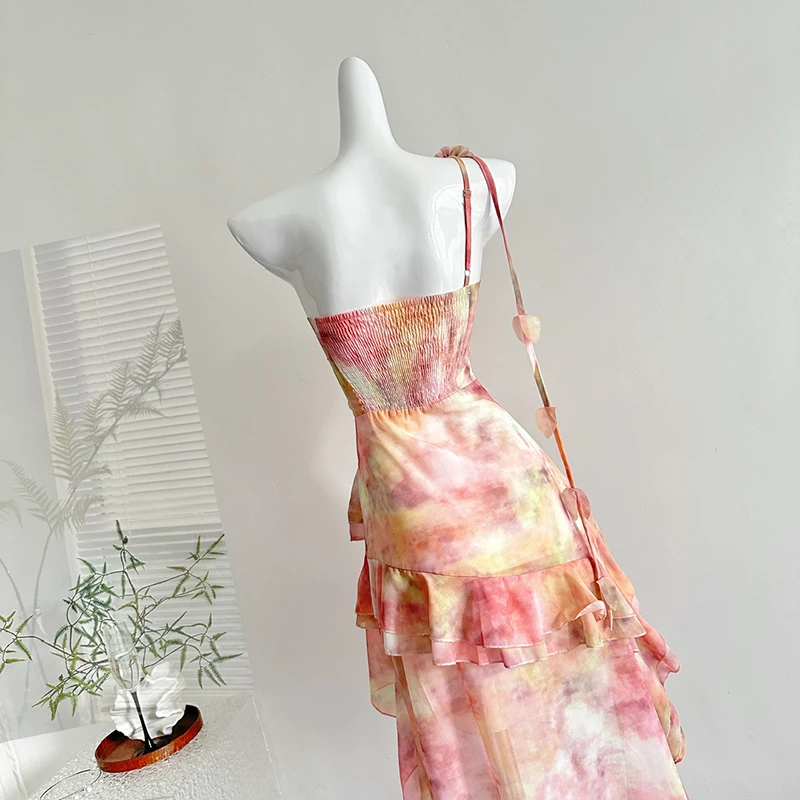 Robe de plage d'été pour femmes, Sexy, Chic, à volants, robes irrégulières, mode coréenne, Harajuku, teinture par nouage, fleur, vacances, fée