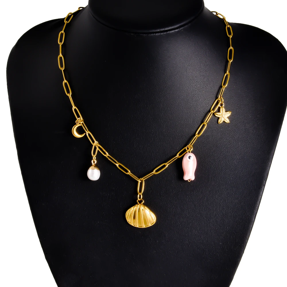 Personality Stainless Steel Natural Pearl Shell Ceramic Fish Starfish Moon Chic Necklace No Fade Collares Mujer Accessories Gift