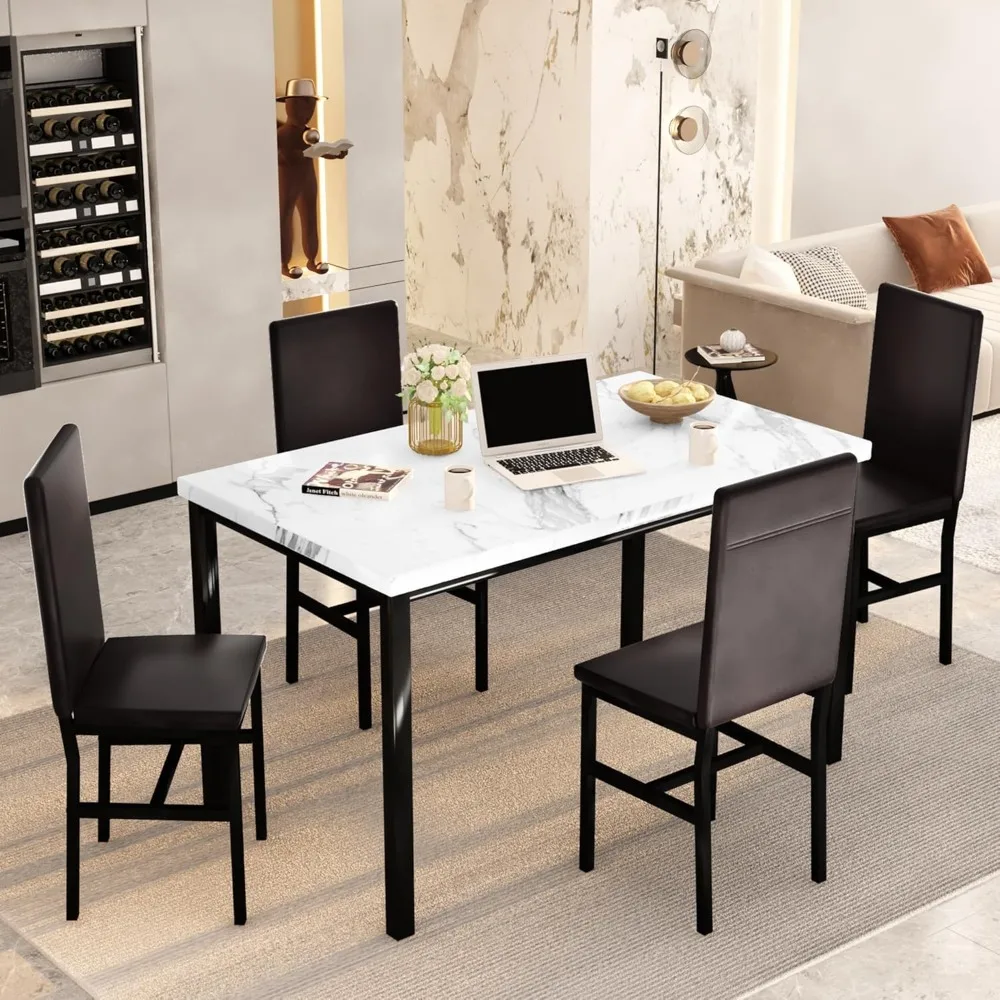 Eettafelset Voor 4, Moderne Keukentafel Stoelen Set Van 4, Faux Marmeren Eetkamer Set Voor 4 Ruimtebesparende 5-delige Dinette