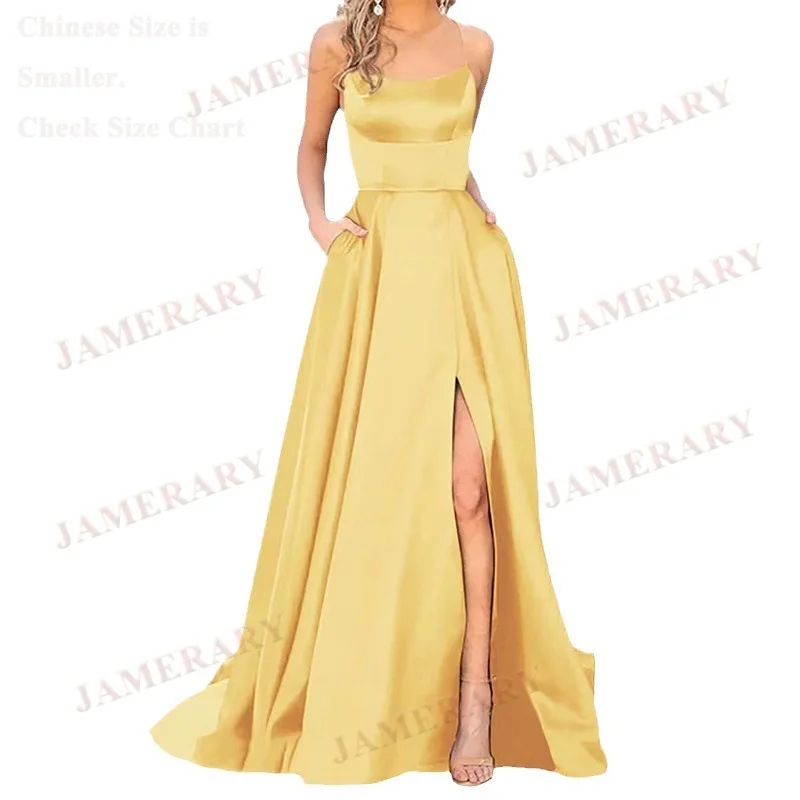 Elegant Solid Bridesmaid Maxi Satin Dress Women Autumn Slit Summer Long Dresses Straps Sexy Backless Evening Vestido De Fiestas