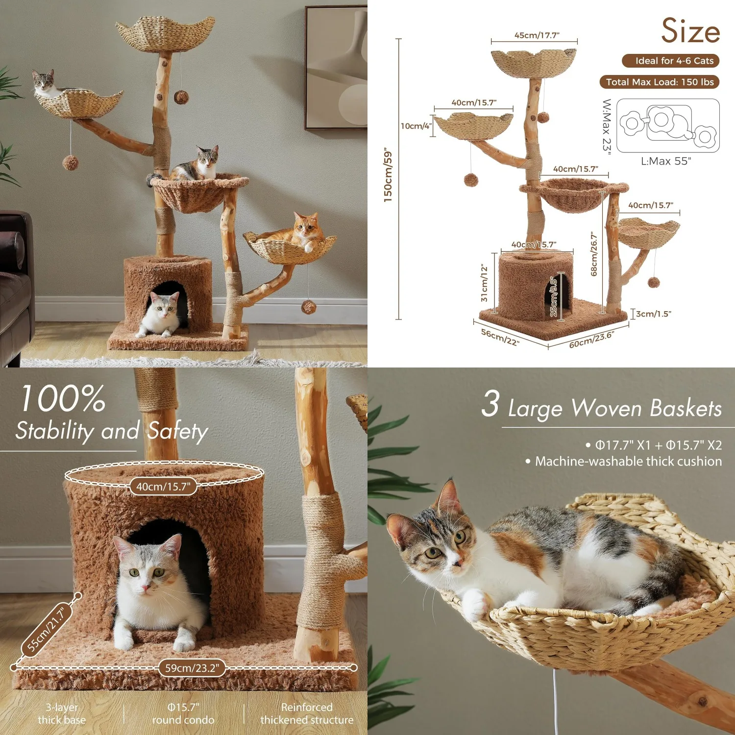 

Когтеточка-комплекс для кошек крупных пород, 150 см, современная, с 3 большими лежанками, из натурального массива дерева, класса люкс, на заказ