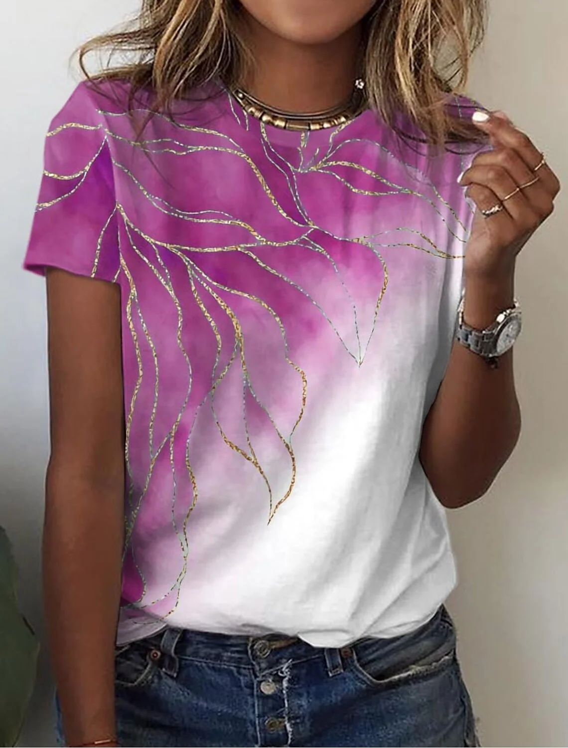 T-shirt manches courtes col rond femme, estival et décontracté, avec impression 3D florale, Bergame