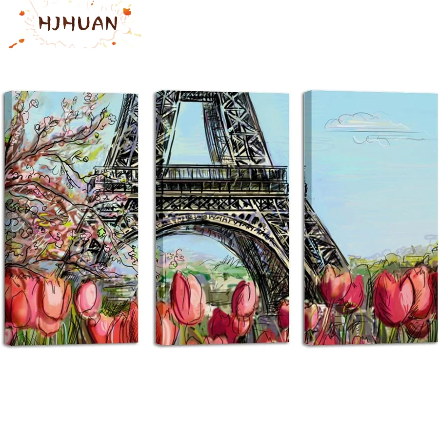 3pcs Doodle Eiffel Tower Landscape Diamond Painting Cross Stitch full round Diamond Embroidery New Handicrafts Home Decor