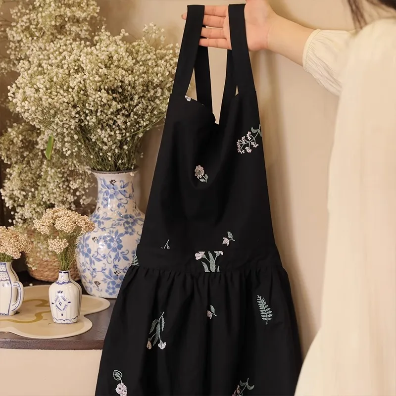 Waterproof Cotton Embroidered Printed Kitchen Apron  Women Cross-back Long Skirt Pleated Pinafore for Cooking Gardening Working