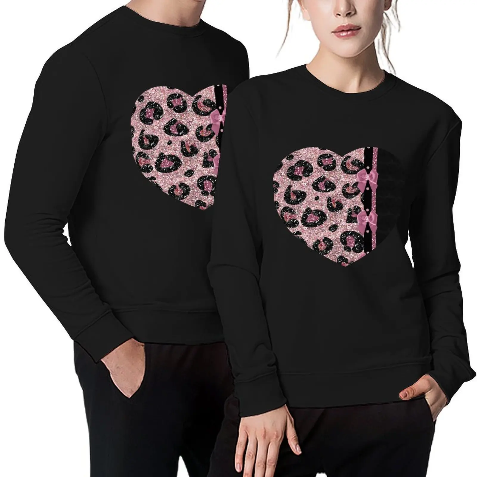 

Pink and Black Leopard Print with Bows and Jewels Pullover tracksuits autumn autumn new products sweatshirt male