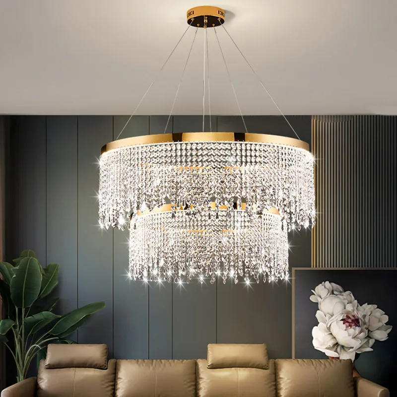 

Modern K9 Crystal Chandelier Luxury Gold LED Pendant Lamp Circle Design Hanging Lights for Living Room Home Decoration Lighting