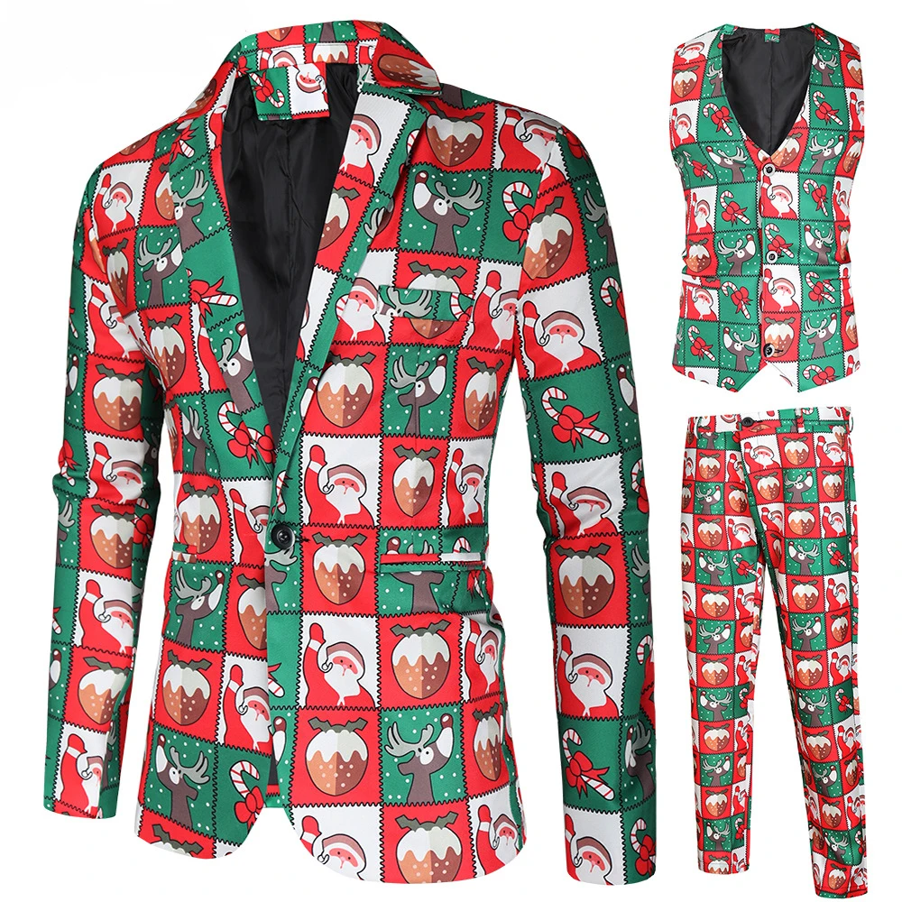 3PCS Christmas Suits for Men  Regular Fit Suit Snowflake Snowman Print Blazer Jacket Pants Vests Men Suit Set