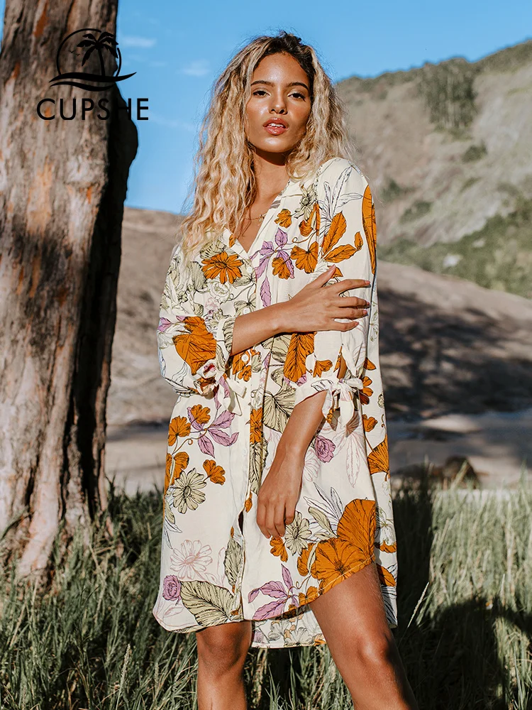 CUPSHE Floral Buttoned Bikini Shirt Cover Up For Woman Loose Holiday Chiffon Beach Tunic Dress 2023 Summer Midi Dress Beachwear