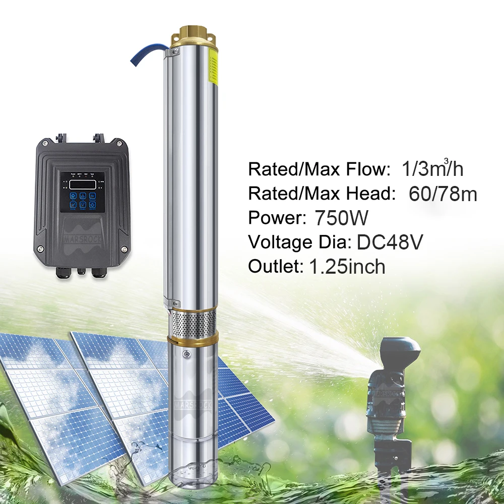 750W Solar DC 48V Deep Well Pump With Controller Stainless Steel Brushless Solar Submersible Pump Flow Max 5T/H