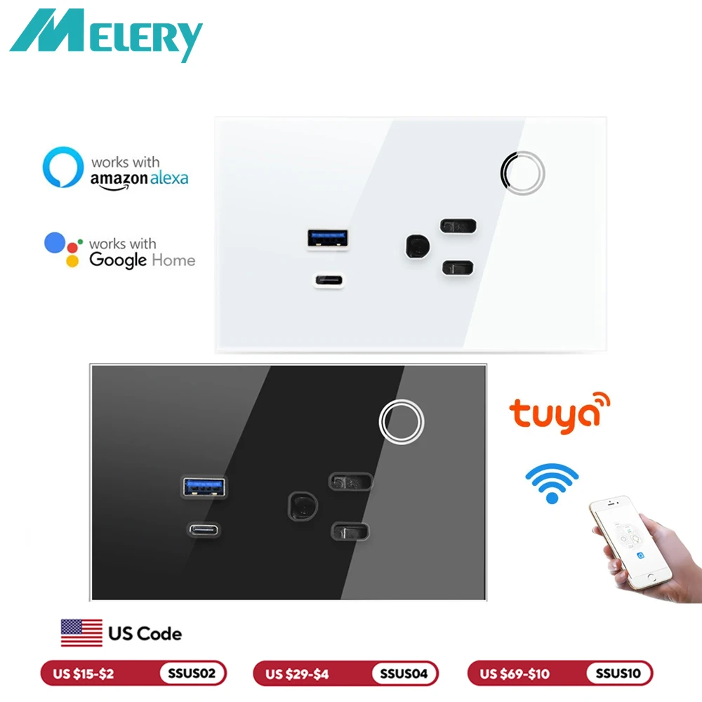 

Розетка Melery US WIFI Tuya Умная настенная розетка 15A USB TYPE-C 30 Вт Power Touch Беспроводной пульт дистанционного управления от Alexa Google Home Kitchen