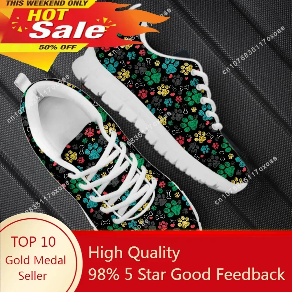 Breathable Lace-up Flat Shoes Casaul Vulcanize Shoes Cute Dog Paw Footprint Running Sneakers for Women Mens