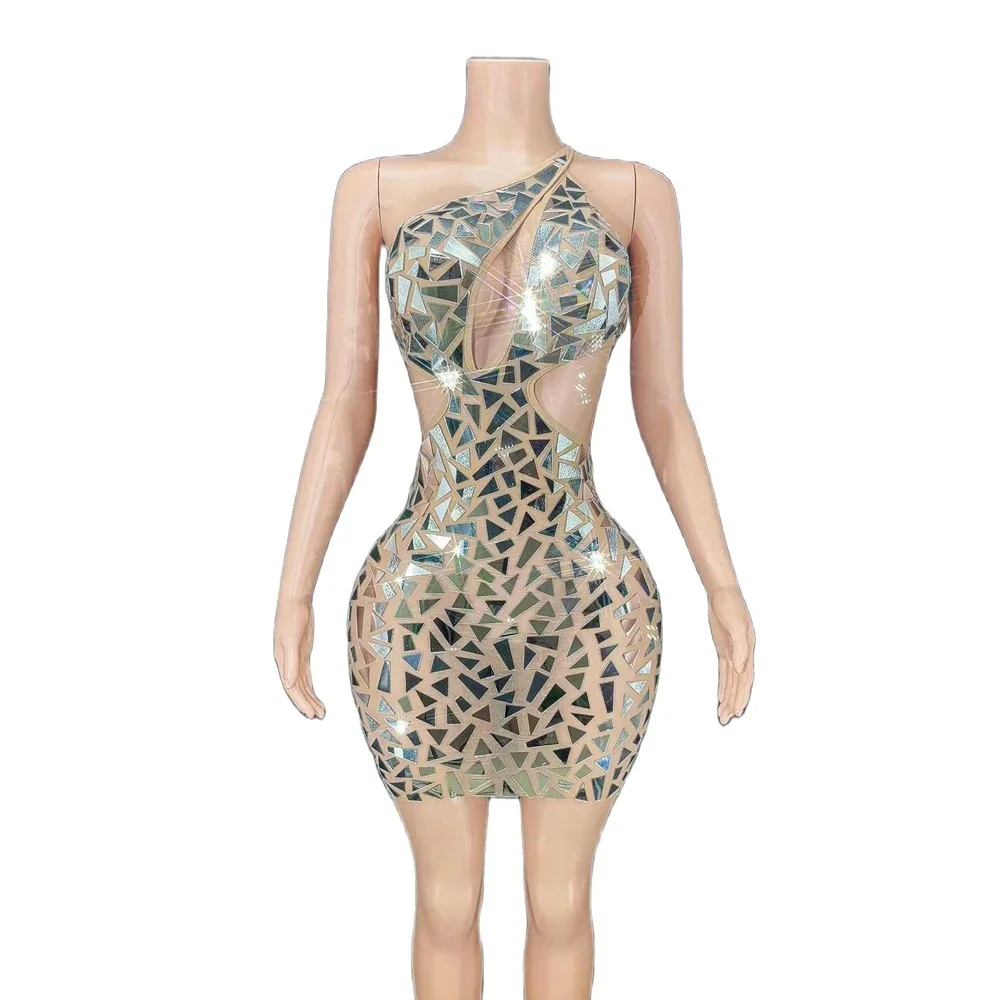 

Женское мини-платье с блестящими блестками и зеркалом со стразами, серебряное, с открытой спиной и без рукавов, короткие костюмы для ночного клуба Drag Queen