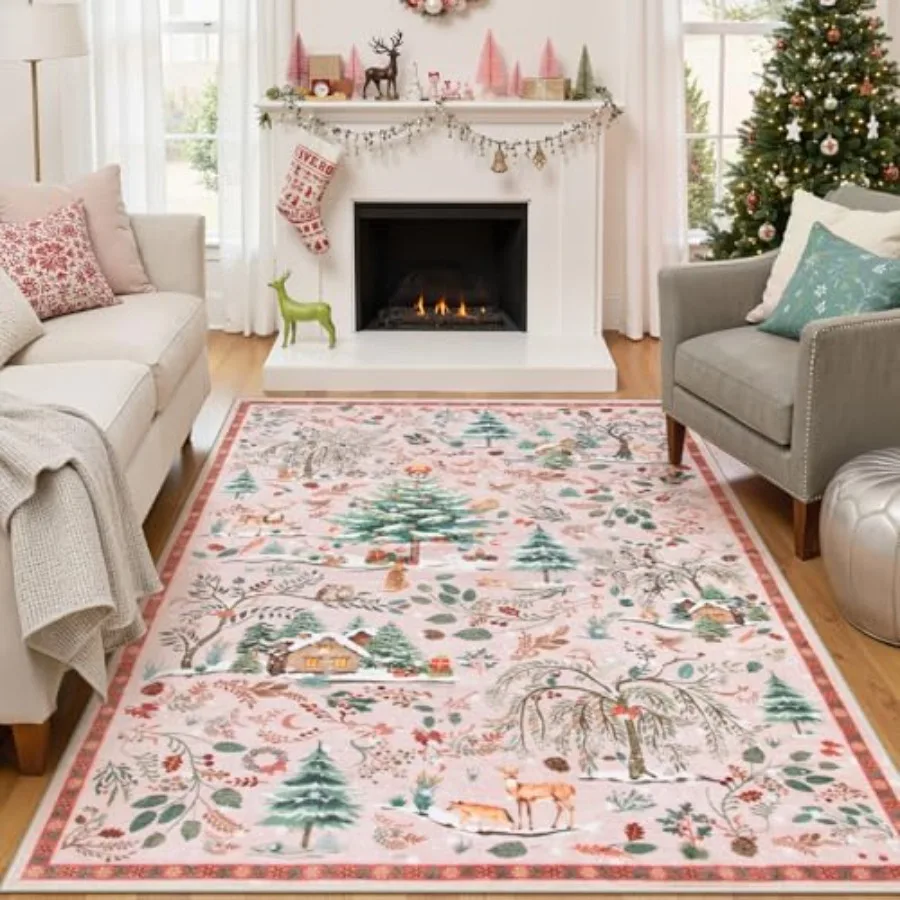 

Christmas Pink Area Rug 5x7 Washable Rug for Living Room Non Slip Xmas Soft Rug for Bedroom Girls Ultra Thin Floor Carpet for N