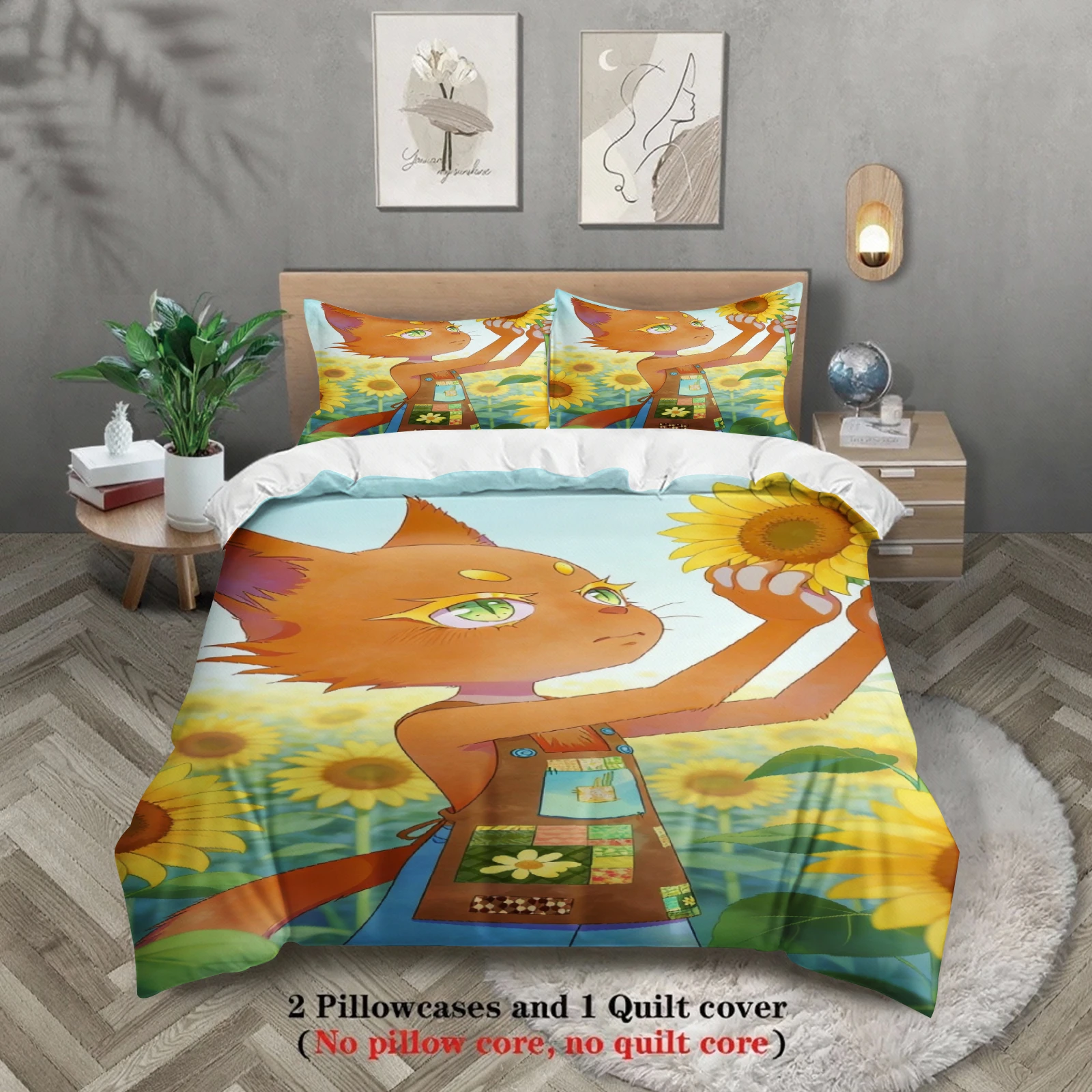Sunflowers Bedding Set Softville Cozy Town Cute Fern the Quilt Fox With Duvet Cover & Pillowcase For Children's Bedroom Decor
