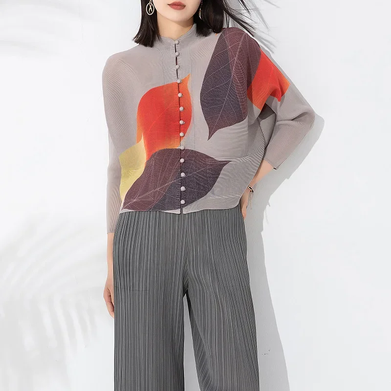 ALSEY Miyake Pleated Short Small Coat Female Shirts and Blouses Loose Plus Size Print Stand Collar Casual Women Long Sleeve Top