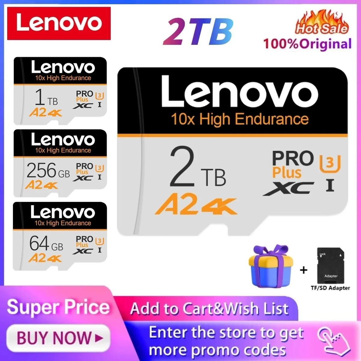 

Original Lenovo 2TB Micro TF SD Card Memory Card TF/SD 128GB 256GB 512GB 1TB Mini Memory Card Class 10 For Camera/Phone/Switch