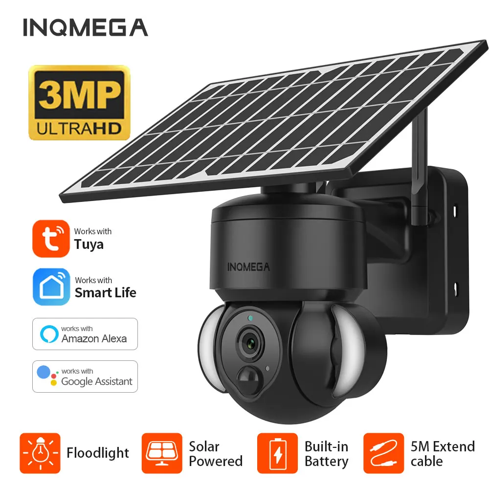 INQMEGA 3MP TUYA Solar Surveillance Camera Wireless Outdoor Camera Solar Panel with Battery Included External WIFI Alelxa Cam