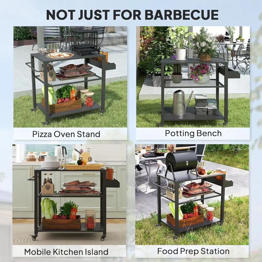 ポータブル屋外グリルカート（ピザオーブンスタンド、収納、移動式フードプレップテーブル付き）