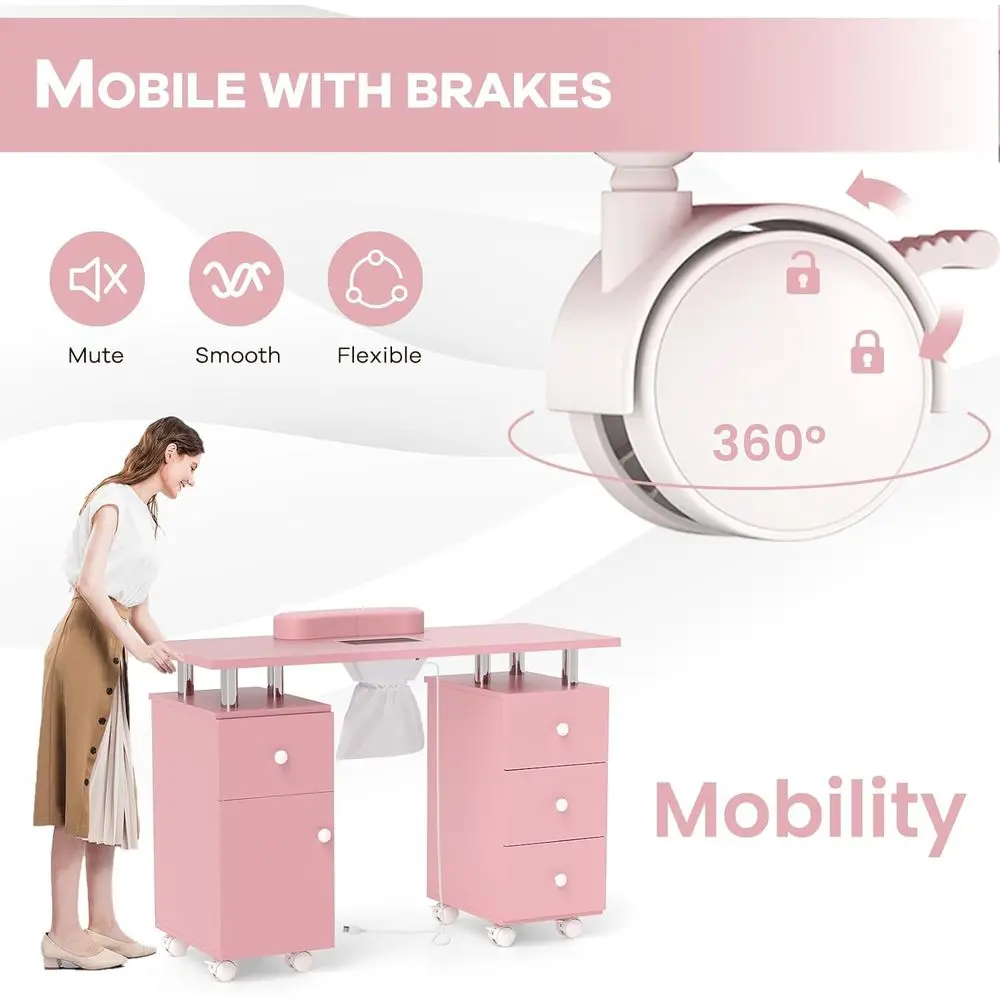 Proional Manicure Table w/Dust Collector, 3 Dust Bags and Sot Cushion, Mobile Nail Tech Desk w/Unil Mute Wheels or Nail Lovers S