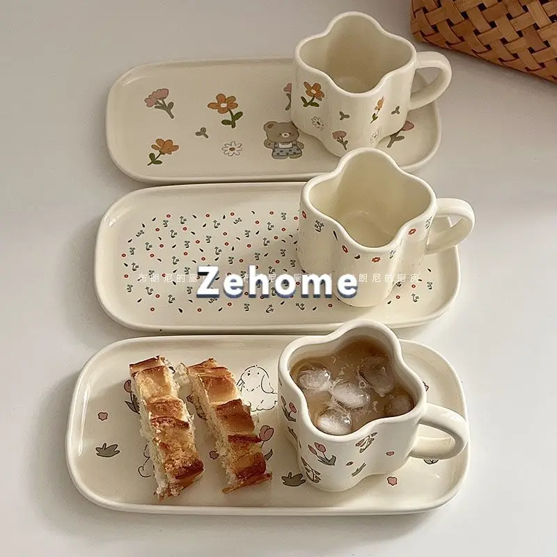 Korean breakfast plate ceremony tulip bear ceramic tray high value coffee milk cup Internet celebrity set