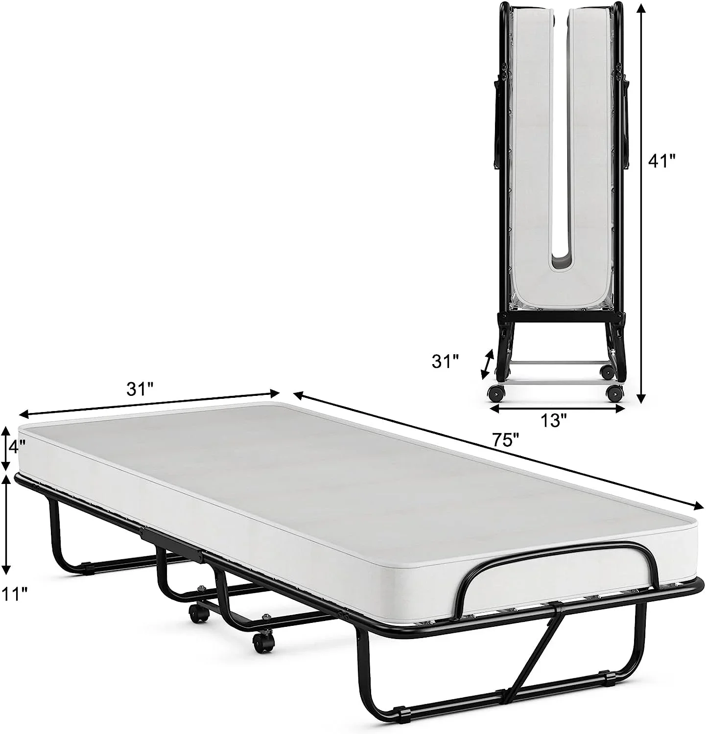 2026Factory Price Metal Single Steel Portable Rollaway Folding Bed With Memory Foam Mattress
