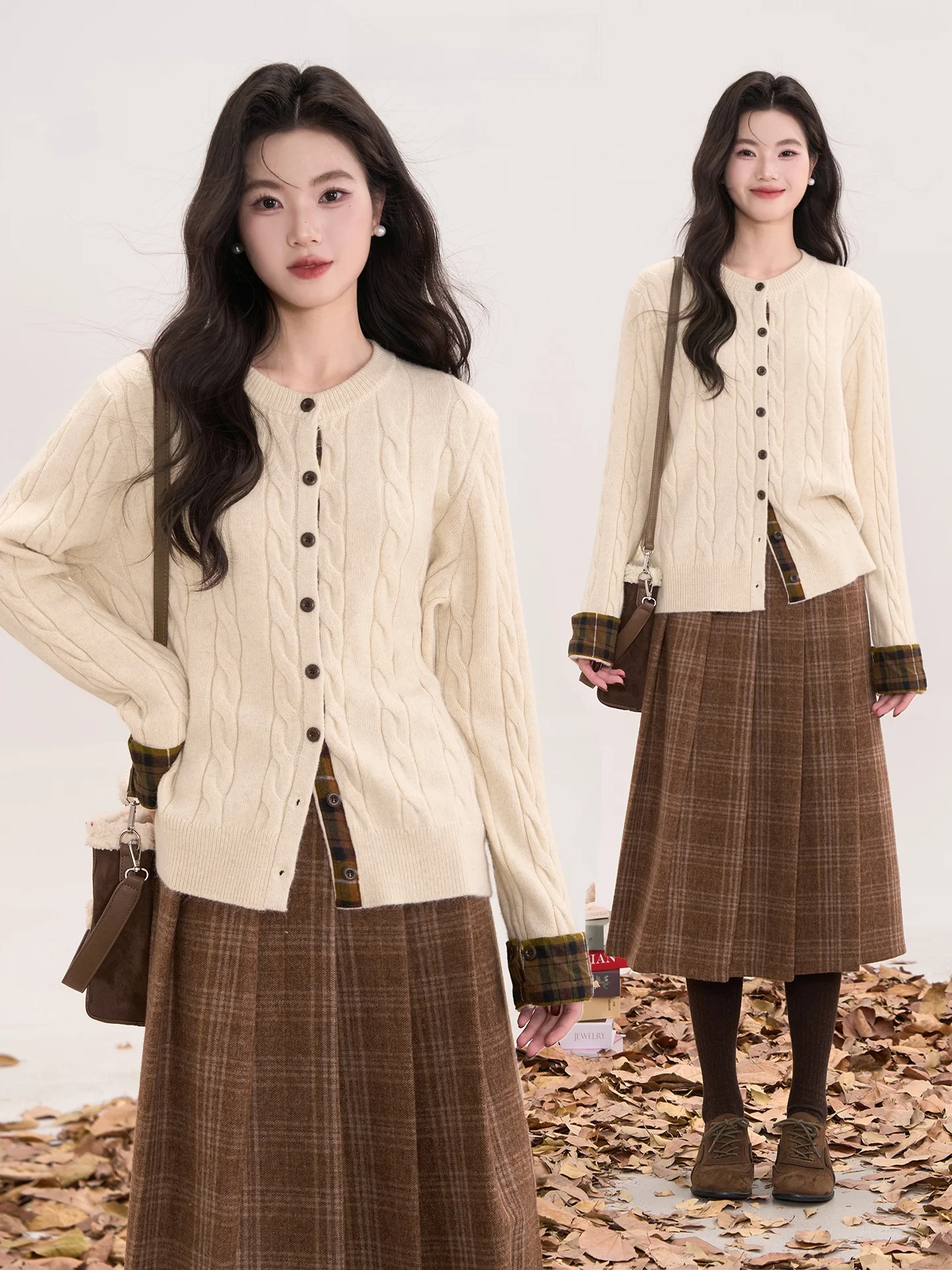 

Heme Spring Early Season Women's Knitted Cardigan Sweater Floral Field Window Twist Knit Patchwork Plaid Long Sve round Ne...