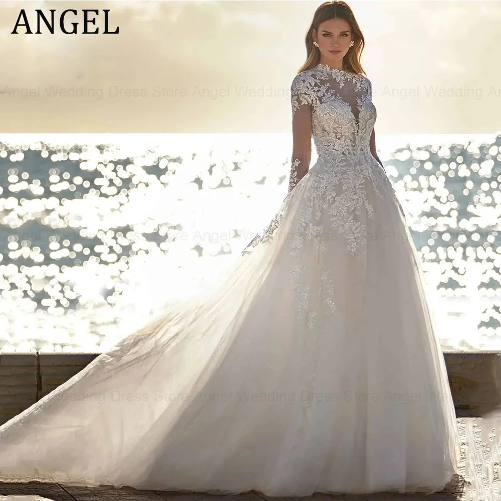 

ANGEL Beach See-through Wedding Dress Long Sleeve Applique O-Neck A-Line Tulle With Button Back Robe De Mariée Bride Gowns