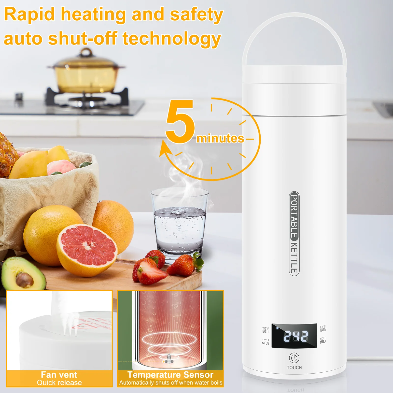 Portable Travel Kettle with Display 4 Temperature Control Water Boiler Cup Automatic Shut Off Electric Heating Cup for Travel