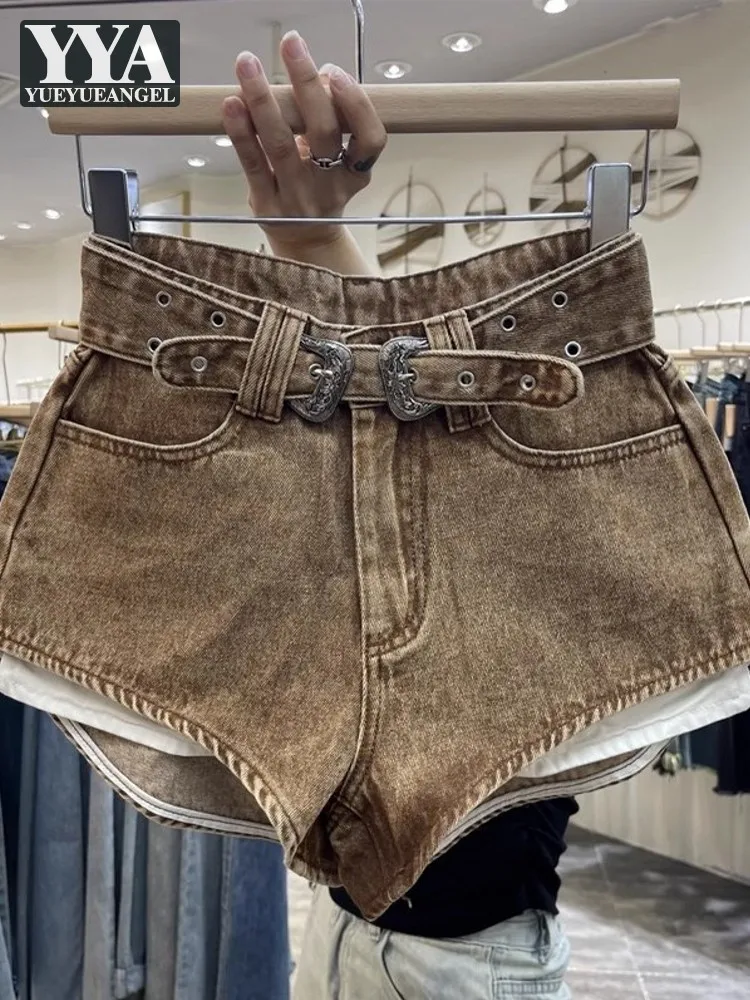 

Fashion Hots Girl Vintage Show Leg Length Denim Shorts Personality Belt High Waist Easy Matching Wide Legs Hot Short Trousers