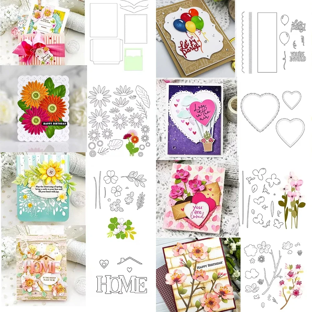 Liebe und Farbe Ballon Kirschblüten Blume Metall Stanzformen Tasche HOME Wörter gestanzt für DIY Scrapbooking Karte Handwerk machen