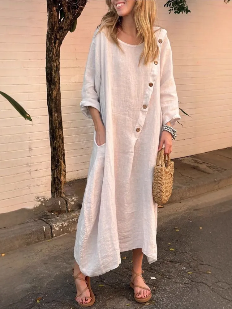 

Elegant O-neck Long-sleeved Dress For Women Fashion Spring Summer Solid Color Cotton Linen Loose Casual Vintage Dresses Female