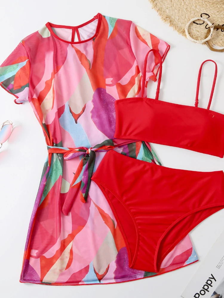 

Накидки из трех предметов с красным принтом, купальник для женщин, консервативный комплект бикини, пляжный купальный костюм с открытой спиной на подтяжках, новинка лета 2023 г.