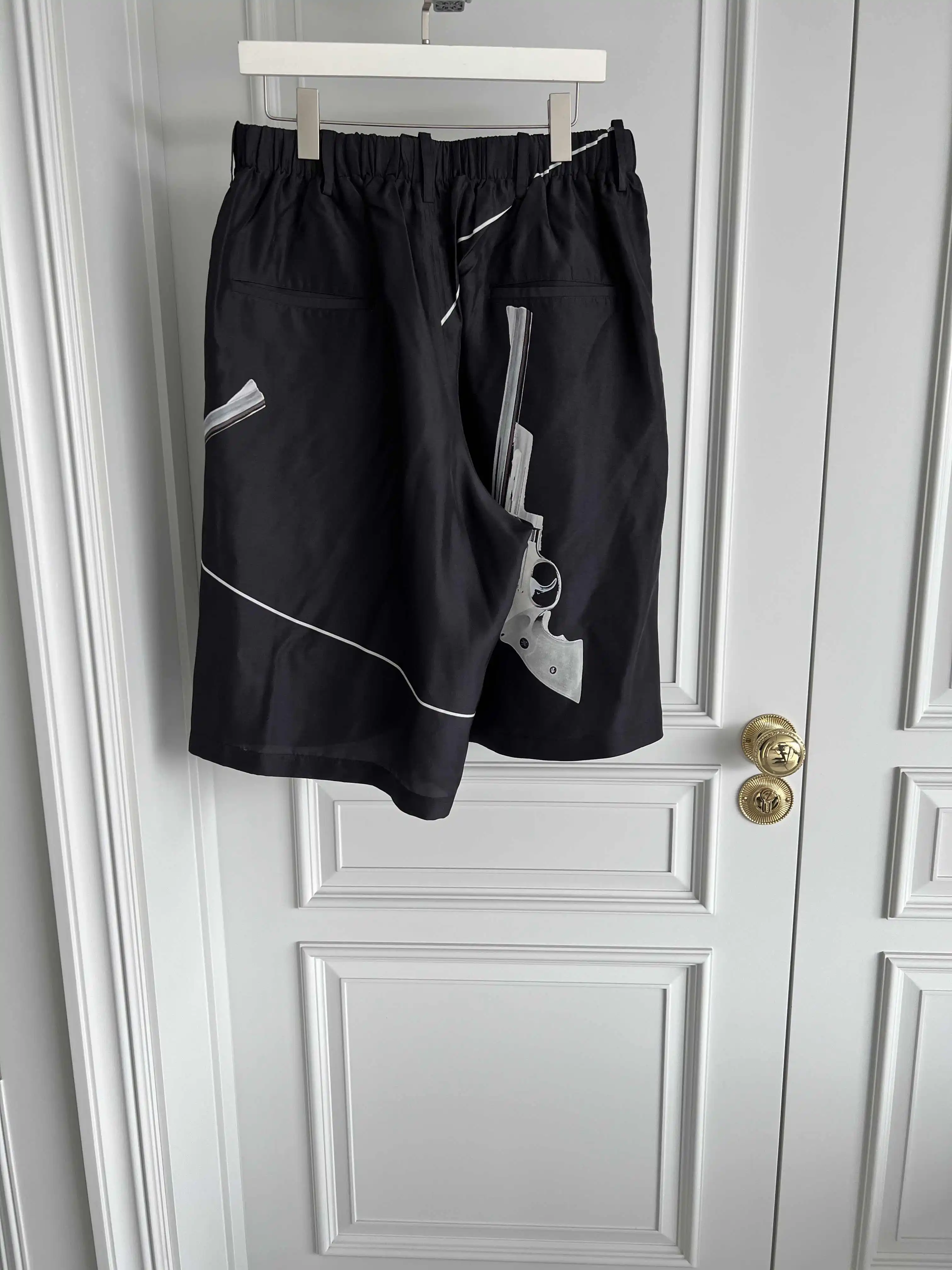 TOP-YAMAMOTO original design pistol printed capri pants, silk shorts, men's large pants with thin slits