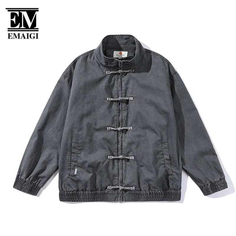 2024 Men Chinese Buttons Stand Collar Cityboy Streetwear Fashion Loose Causal Cargo Jacket Women Spring Autumn Coat Outerwear