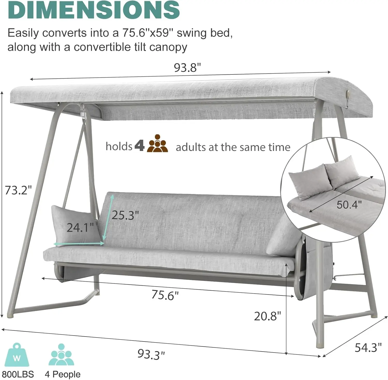 

4-Person Outdoor Patio Swing with Canopy, Adjustable Backrest, 800 lbs Capacity, Removable Cushions, Garden or Poolside Use