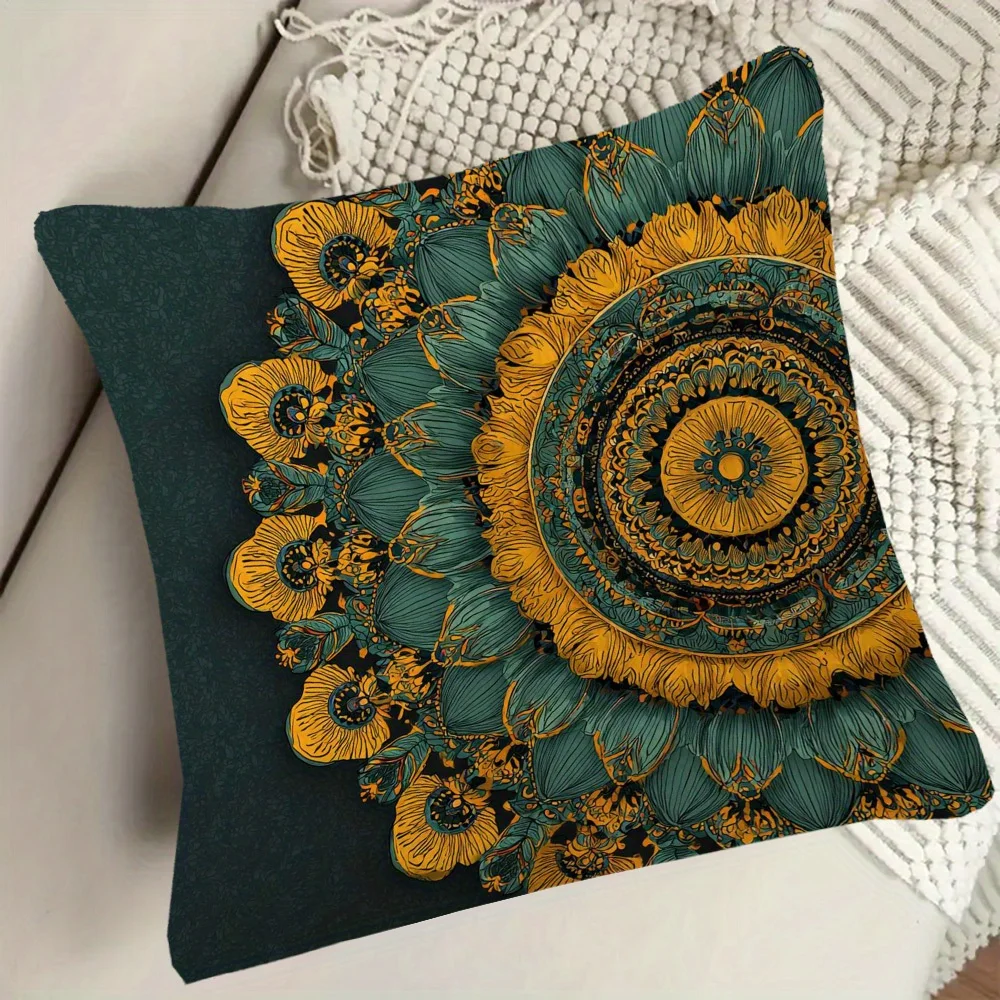 1pc Boho Sunflower Mandala Pillow Cover, Polyester 2D Double-Sided Print, Teal & Gold Floral Mandala Art, Bohemian Home & Car De