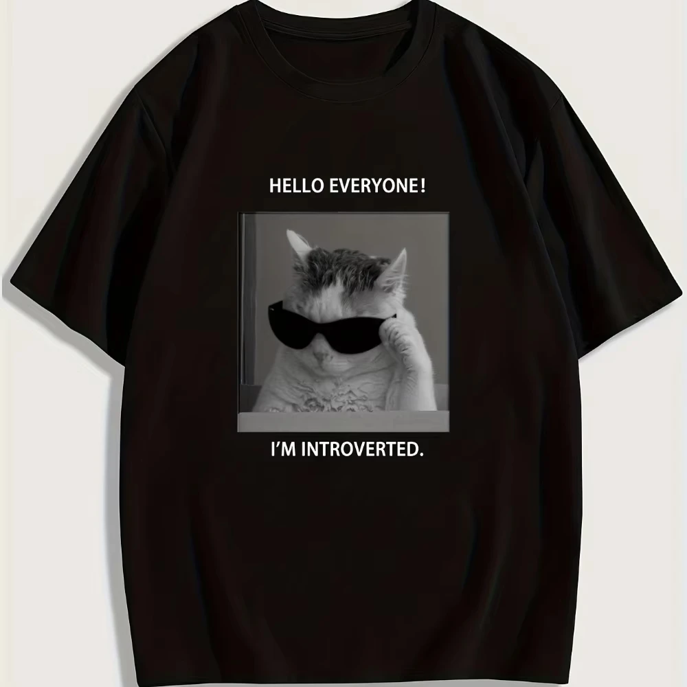 Summer Men's and Women's Casual Cat Pattern Letter Printed Round Neck T-shirt Breathable Outdoor High Quality Soft Short Sleeve
